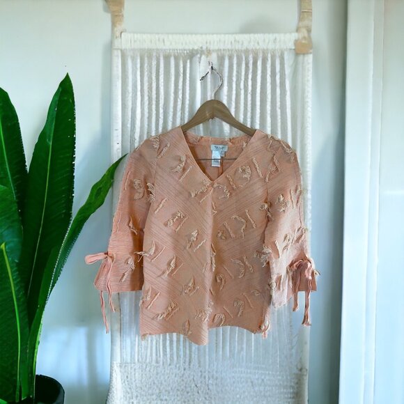 Tru Luxe Jeans Womens Top Small Peach Fringe Textured V Neck 3/4 Sleeve Boho - Picture 2 of 6